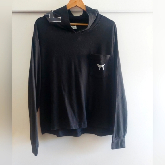 PINK Victoria's Secret Tops - Victoria's Secret PINK Longsleeve Hooded Shirt logo spellout black gray